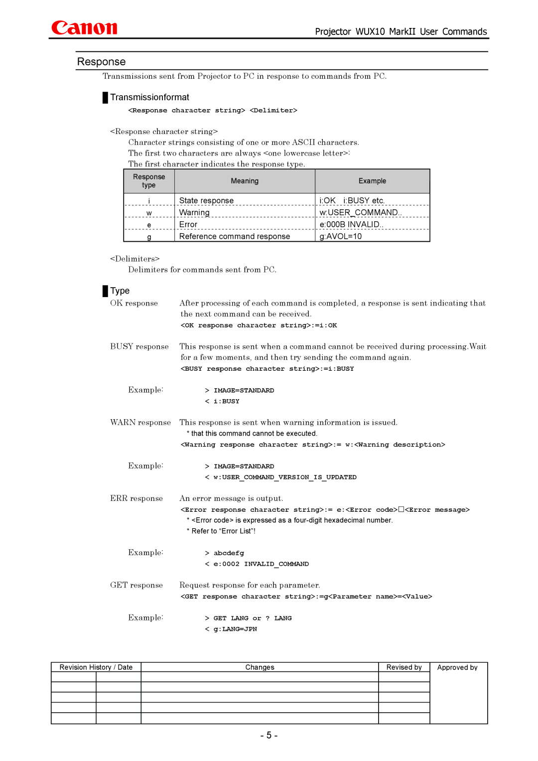 Canon WUX10 manual Delimiters Delimiters for commands sent from PC, Example, ERR response An error message is output 