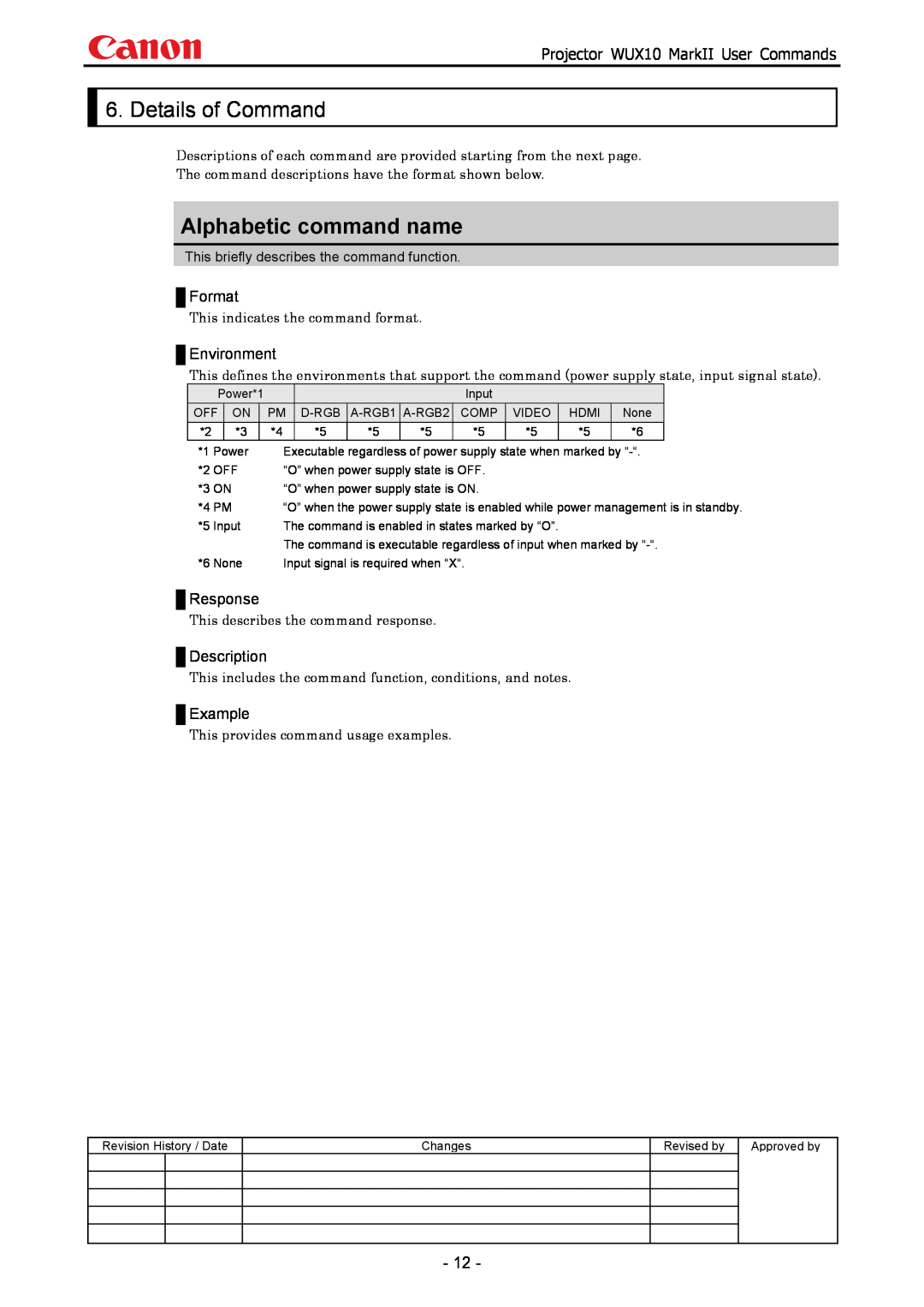 Canon WUX10 manual Details of Command, Alphabetic command name, Format, Environment, Response, Description, Example 