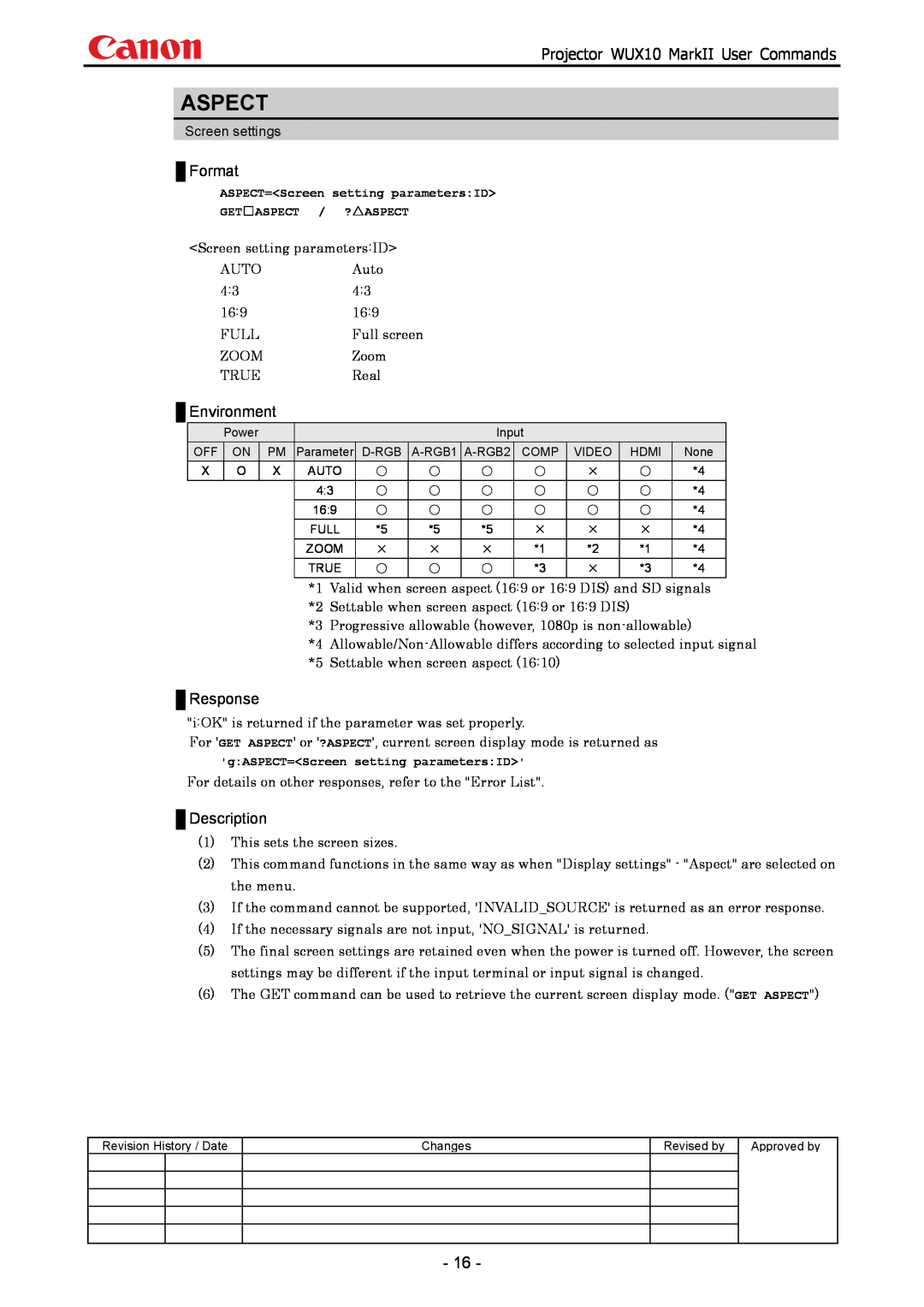 Canon manual Aspect, Projector WUX10 MarkII User Commands, Format, Environment, Response, Description 