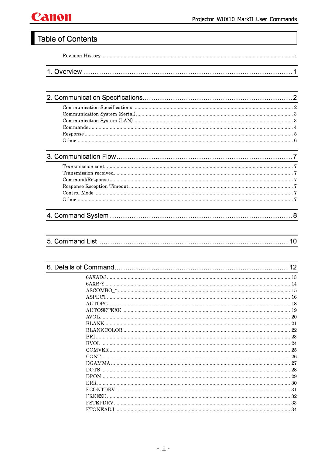 Canon WUX10 Table of Contents, Overview, Communication Specifications, Communication Flow, Command System, Command List 