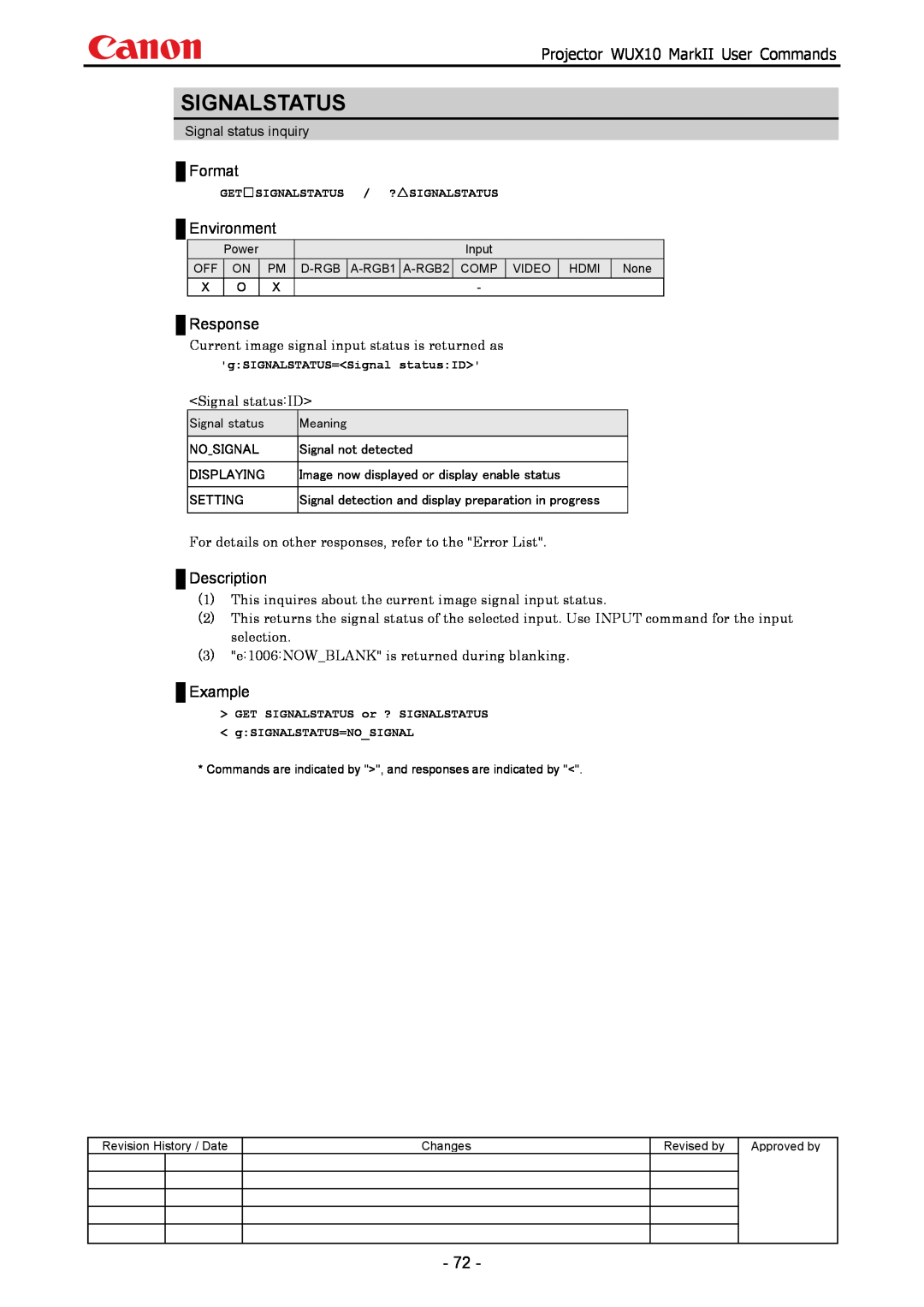 Canon manual Signalstatus, Projector WUX10 MarkII User Commands, Format, Environment, Response, Description, Example 
