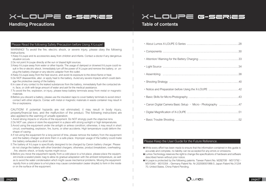 Canon X-Loupe manual Handling Precautions, Table of contents 