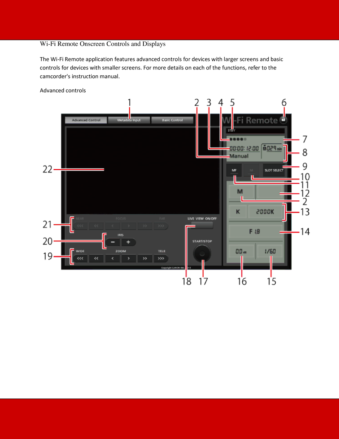 Canon XA20-XA25 manual Wi-Fi Remote Onscreen Controls and Displays 