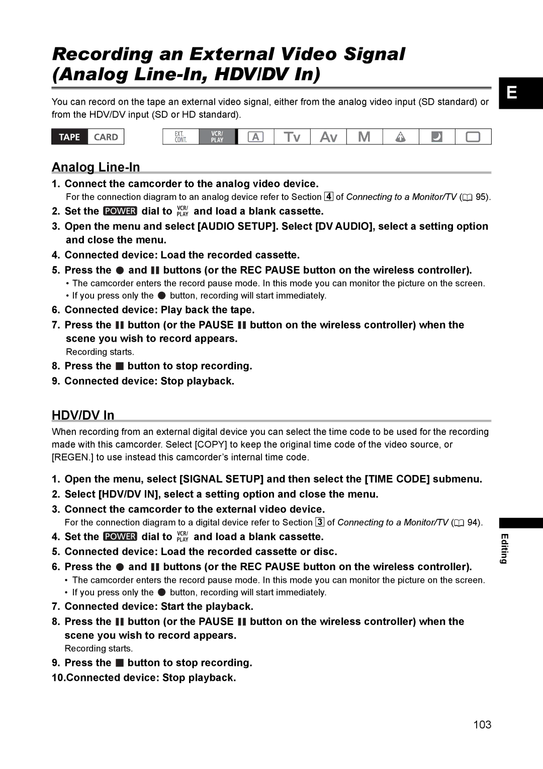 Canon XH A1 instruction manual Recording an External Video Signal Analog Line-In, HDV/DV, Hdv/Dv 