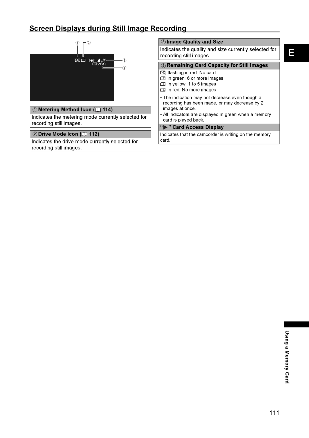 Canon XH A1 instruction manual Screen Displays during Still Image Recording 