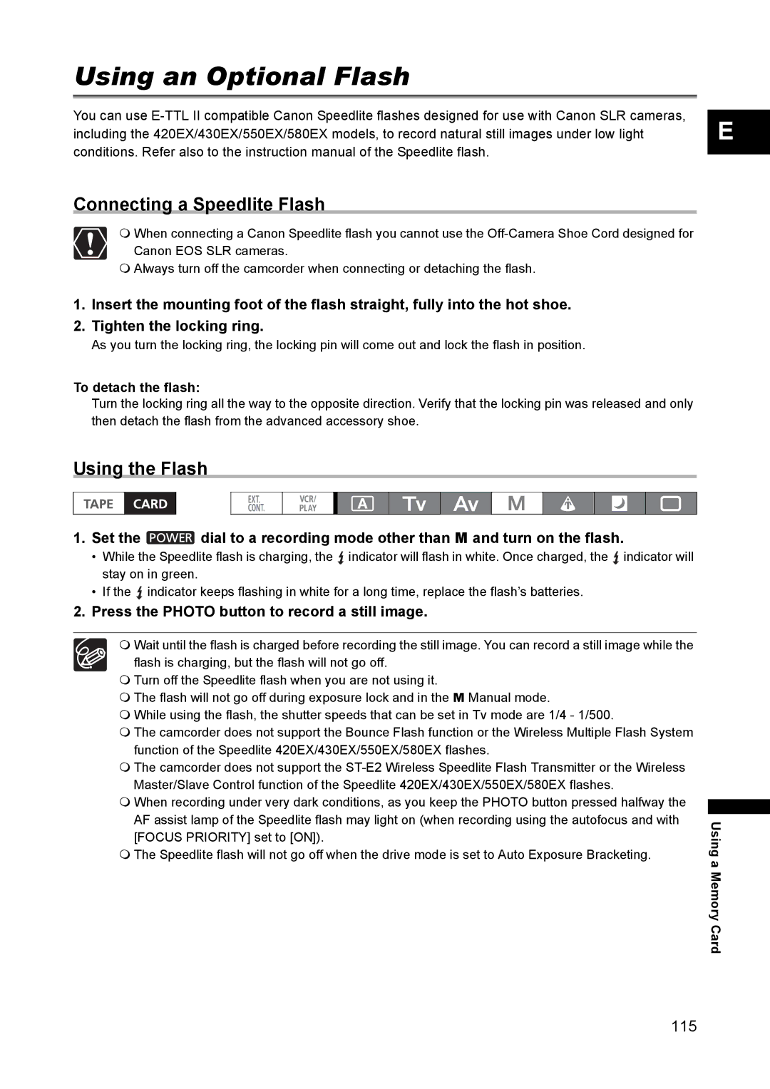 Canon XH A1 instruction manual Using an Optional Flash, Connecting a Speedlite Flash, Using the Flash 