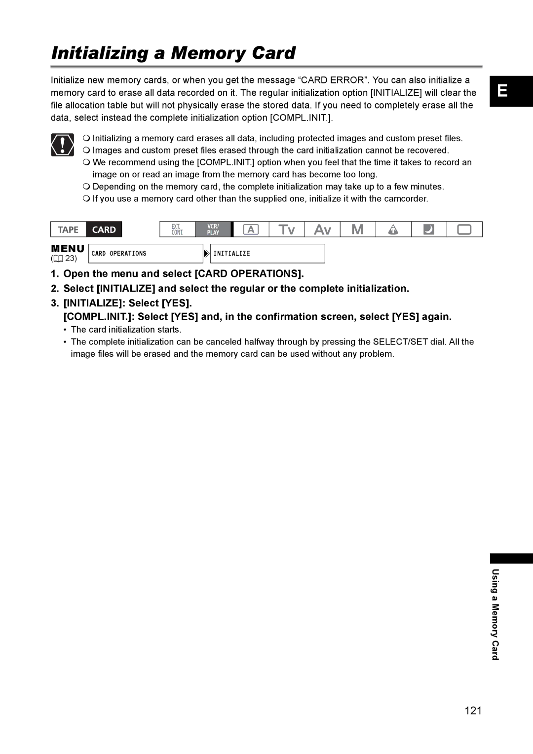 Canon XH A1 instruction manual Initializing a Memory Card 