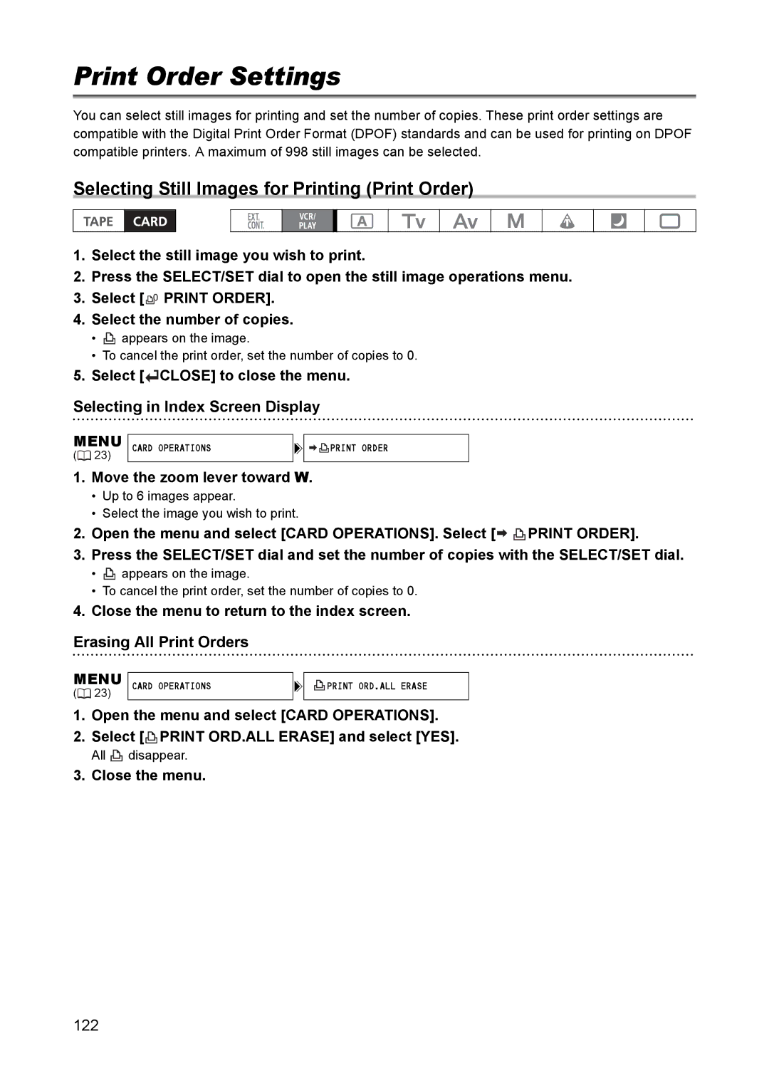 Canon XH A1 Print Order Settings, Selecting Still Images for Printing Print Order, Selecting in Index Screen Display 