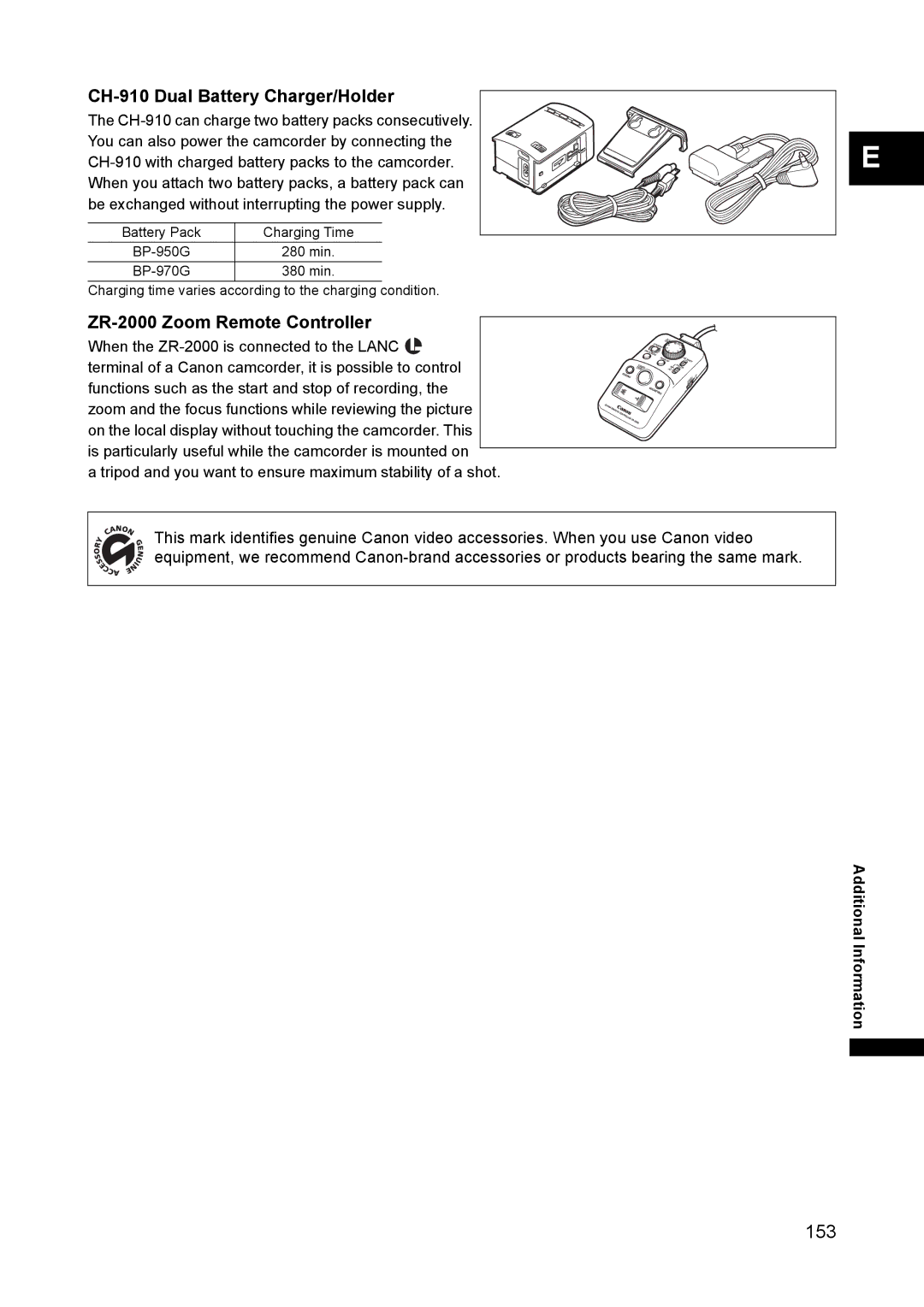 Canon XH A1 instruction manual CH-910 Dual Battery Charger/Holder, ZR-2000 Zoom Remote Controller 