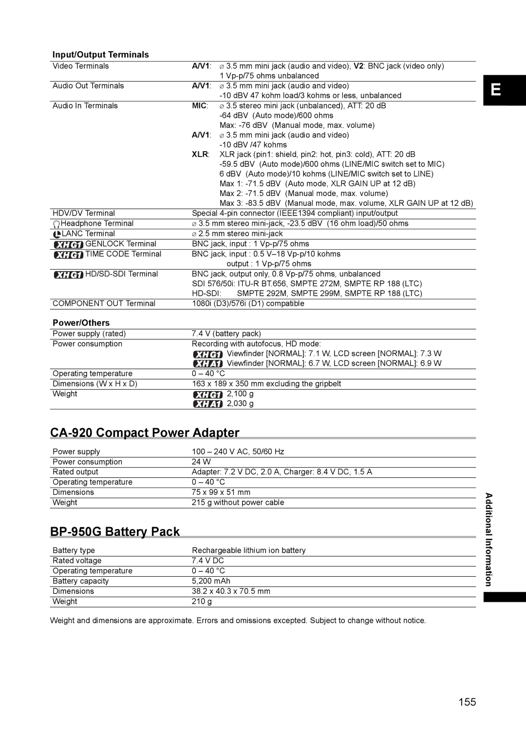 Canon XH A1 instruction manual CA-920 Compact Power Adapter, BP-950G Battery Pack, Input/Output Terminals, Power/Others 