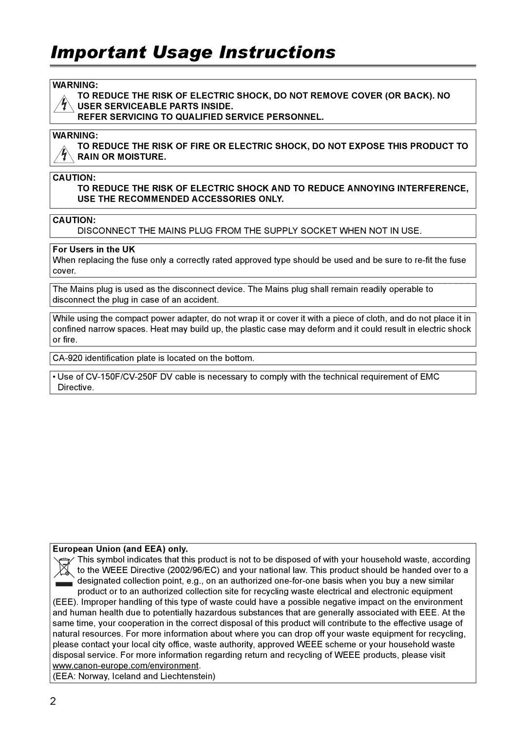 Canon XH A1 instruction manual Important Usage Instructions, For Users in the UK, European Union and EEA only 