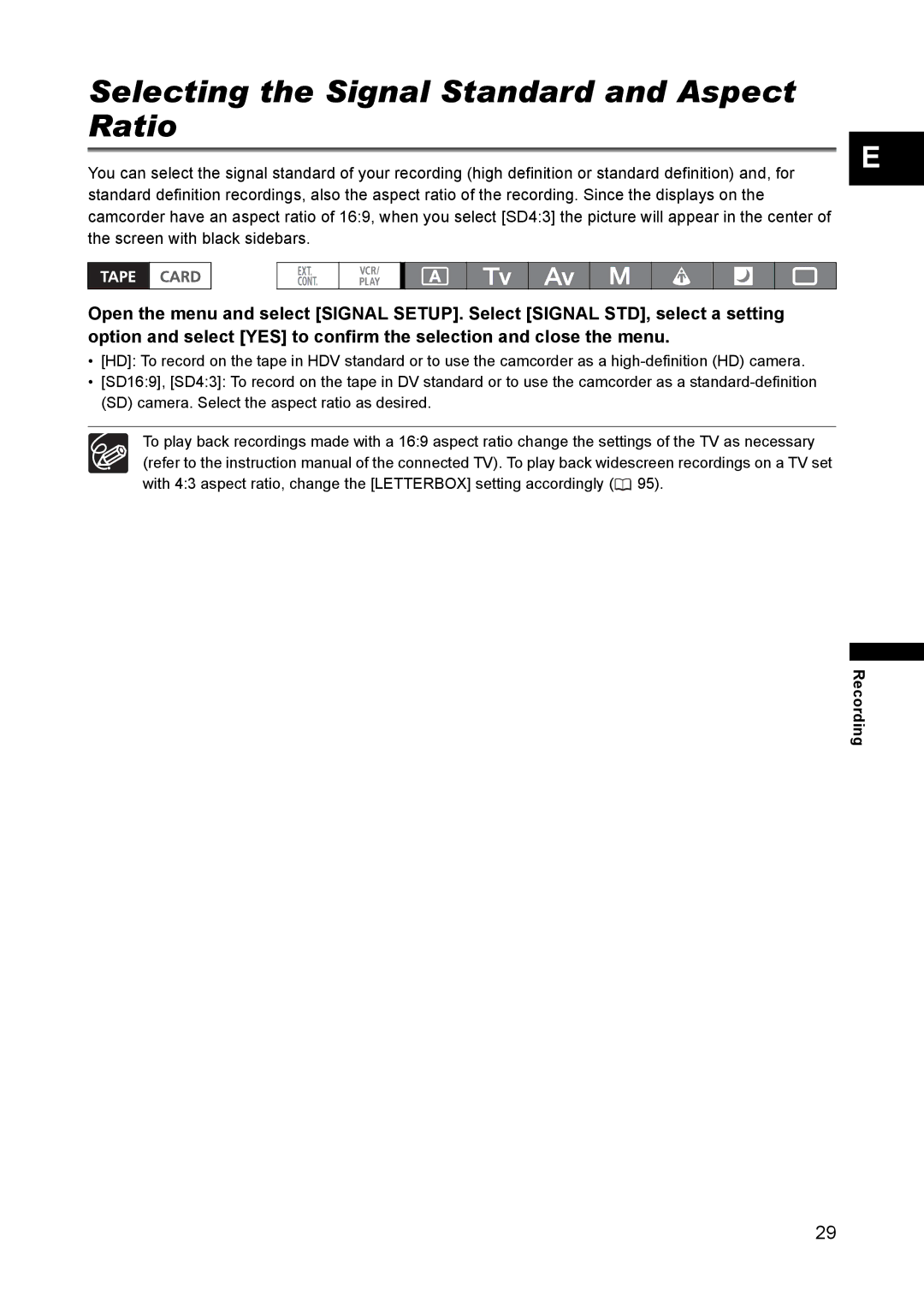 Canon XH A1 instruction manual Selecting the Signal Standard and Aspect Ratio 