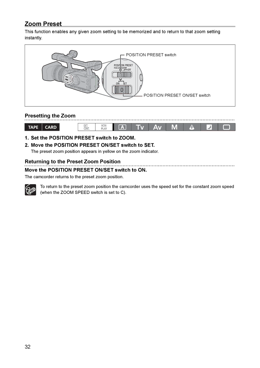 Canon XH A1 instruction manual Zoom Preset, Presetting the Zoom, Returning to the Preset Zoom Position 