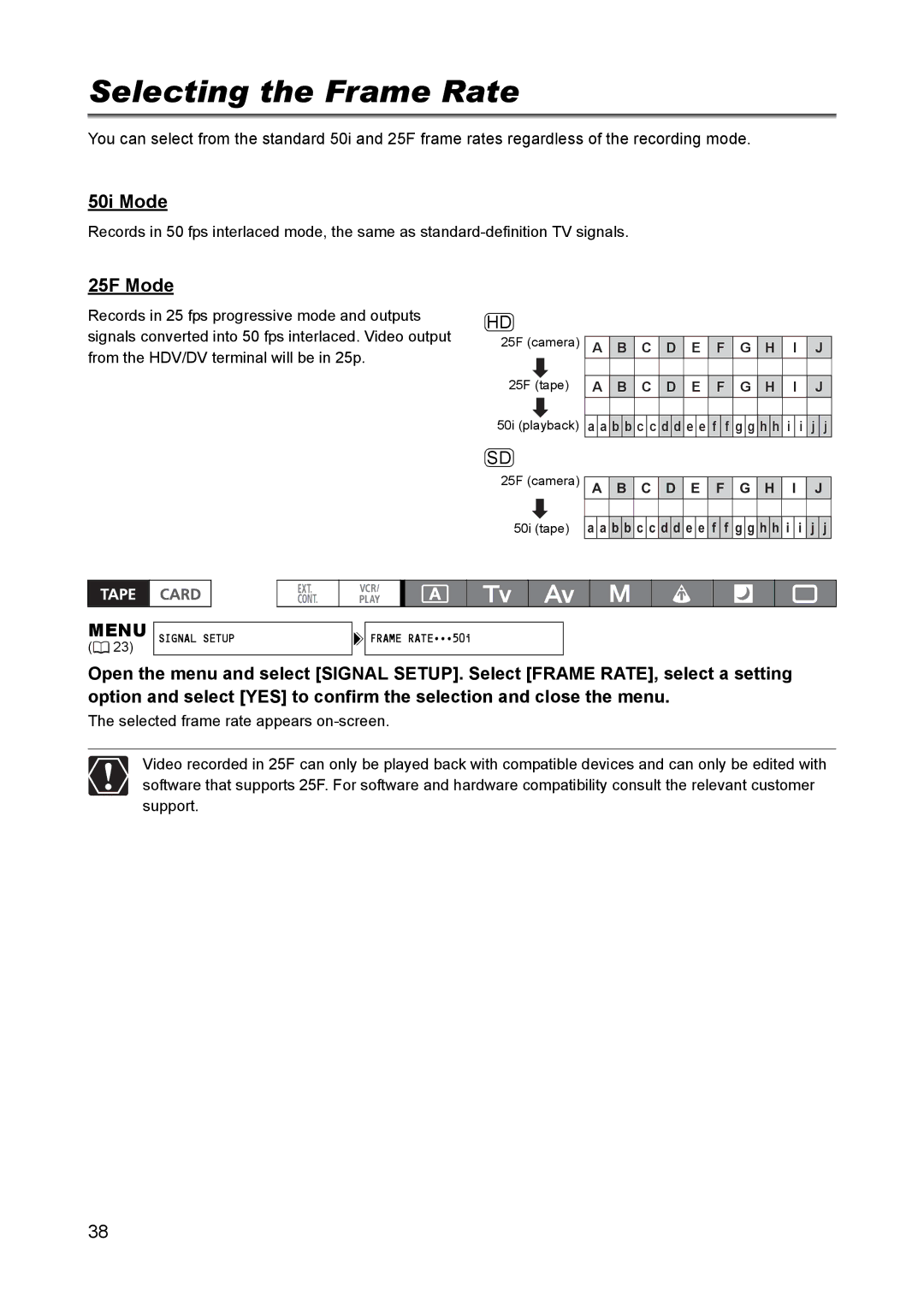 Canon XH A1 instruction manual Selecting the Frame Rate, 50i Mode, 25F Mode 