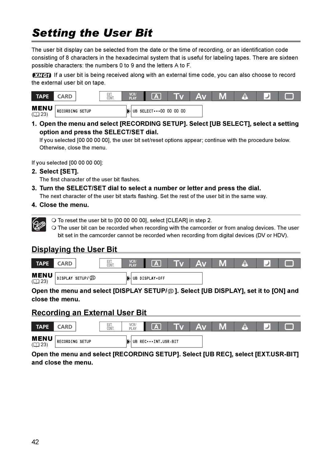 Canon XH A1 instruction manual Setting the User Bit, Displaying the User Bit, Recording an External User Bit 