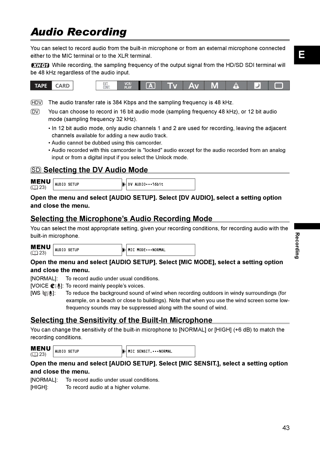 Canon XH A1 instruction manual SD Selecting the DV Audio Mode, Selecting the Microphone’s Audio Recording Mode 