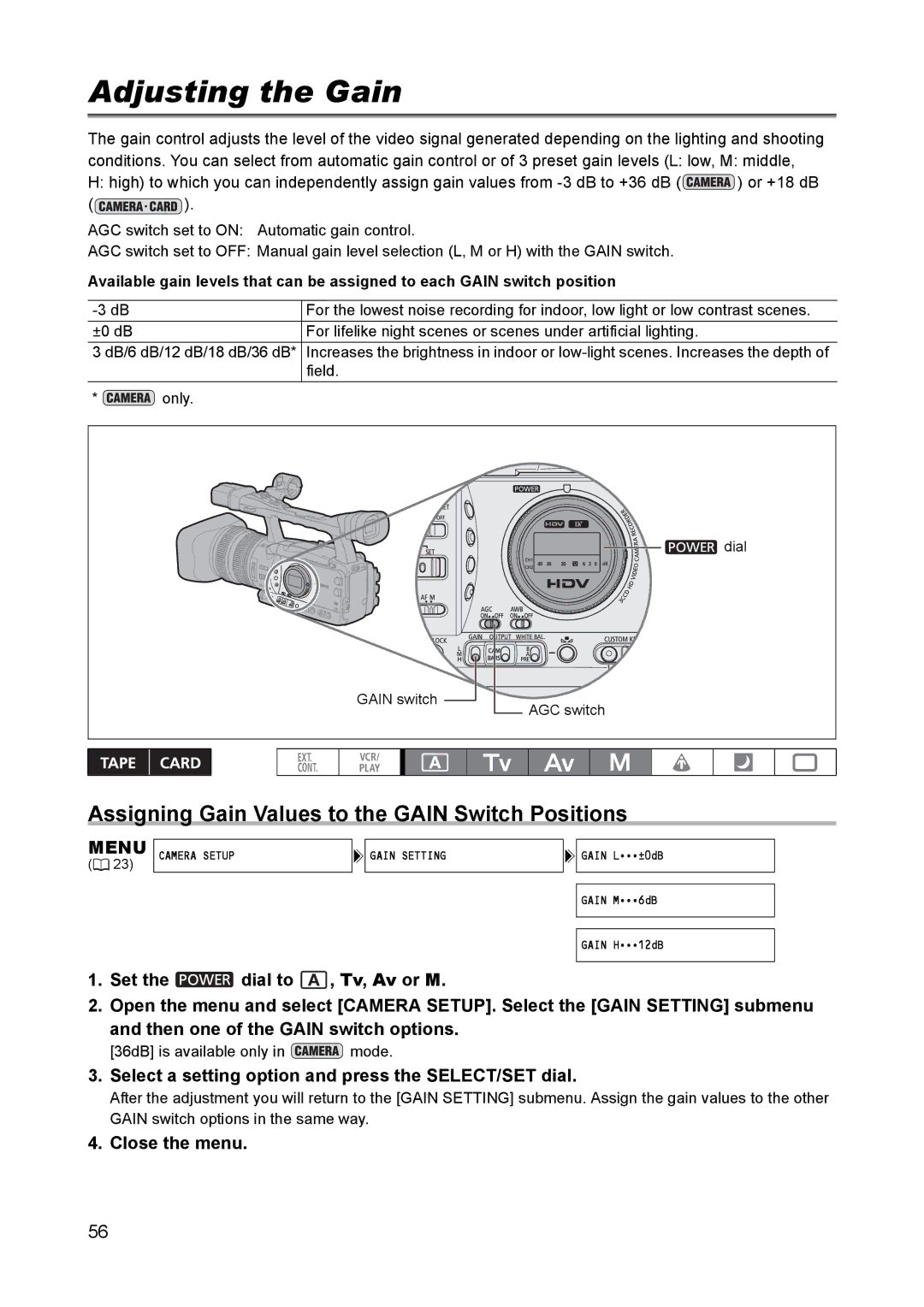 Canon XH A1 instruction manual Adjusting the Gain, Assigning Gain Values to the Gain Switch Positions 