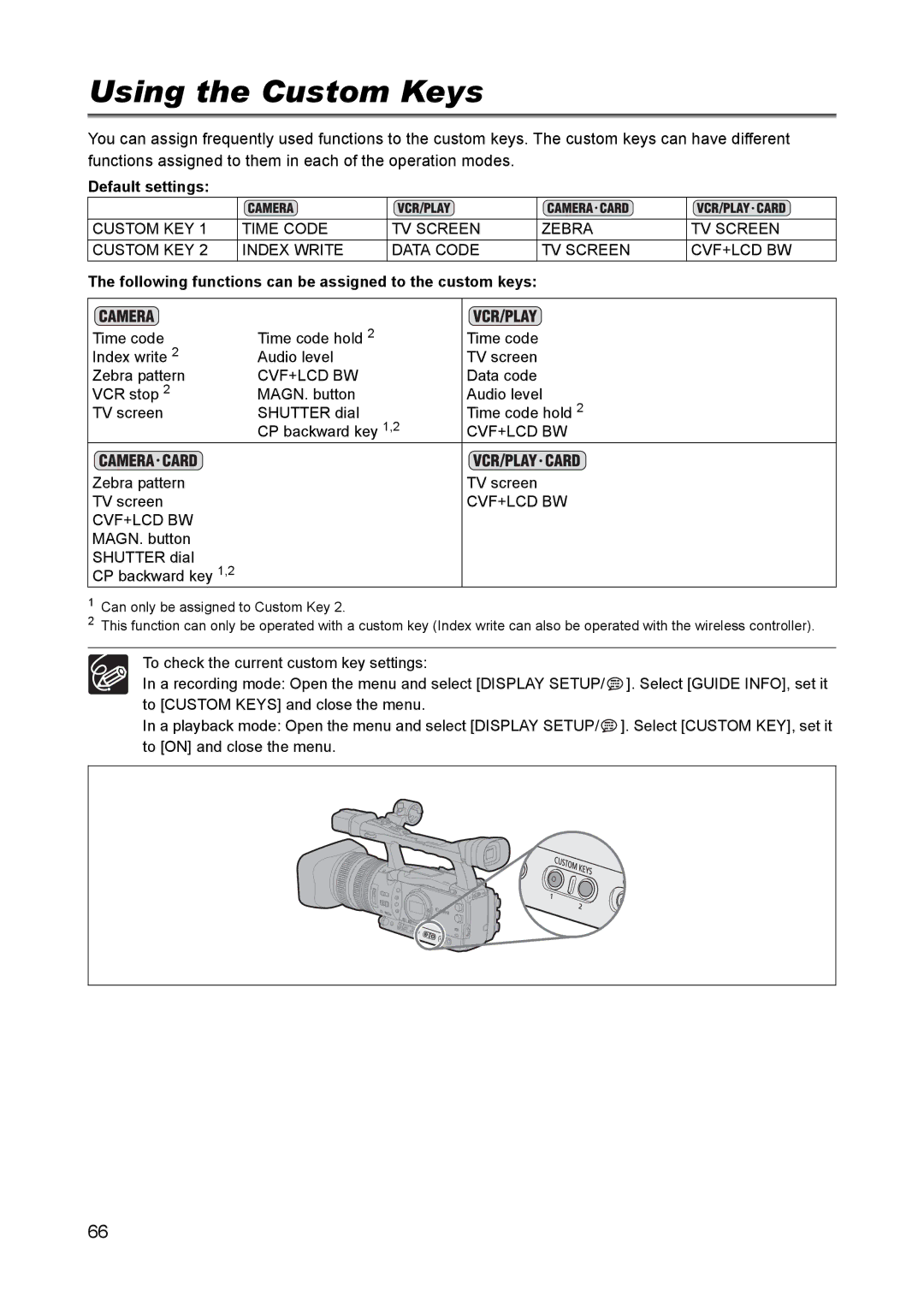 Canon XH A1 Using the Custom Keys, Default settings, Following functions can be assigned to the custom keys 