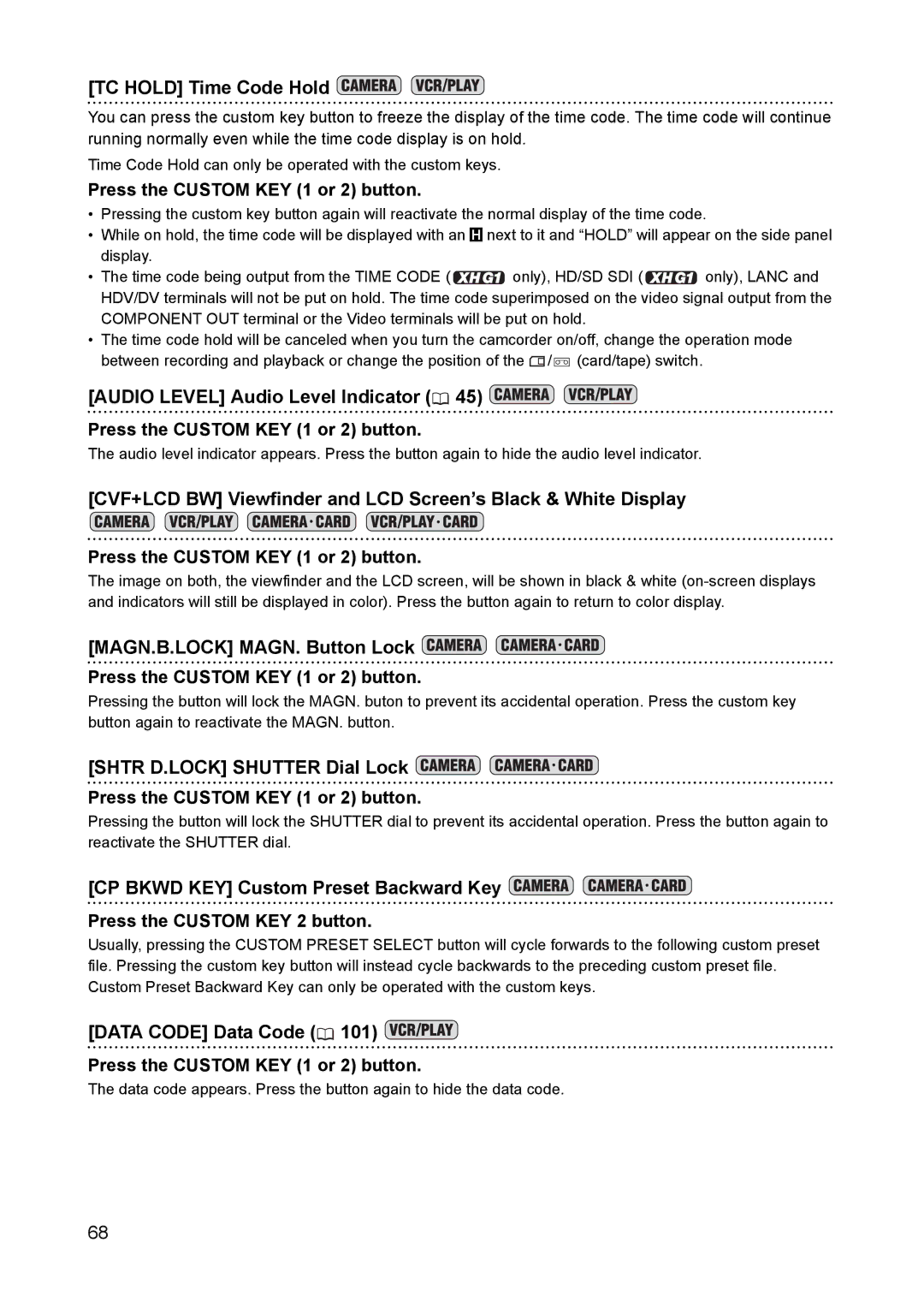 Canon XH A1 TC Hold Time Code Hold, Audio Level Audio Level Indicator, MAGN.B.LOCK MAGN. Button Lock, Data Code Data Code 