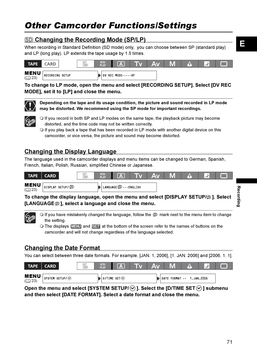 Canon XH A1 Other Camcorder Functions/Settings, SD Changing the Recording Mode SP/LP, Changing the Display Language 