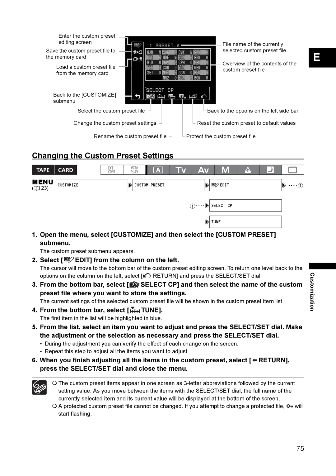 Canon XH A1 Changing the Custom Preset Settings, Select Edit from the column on the left, From the bottom bar, select Tune 