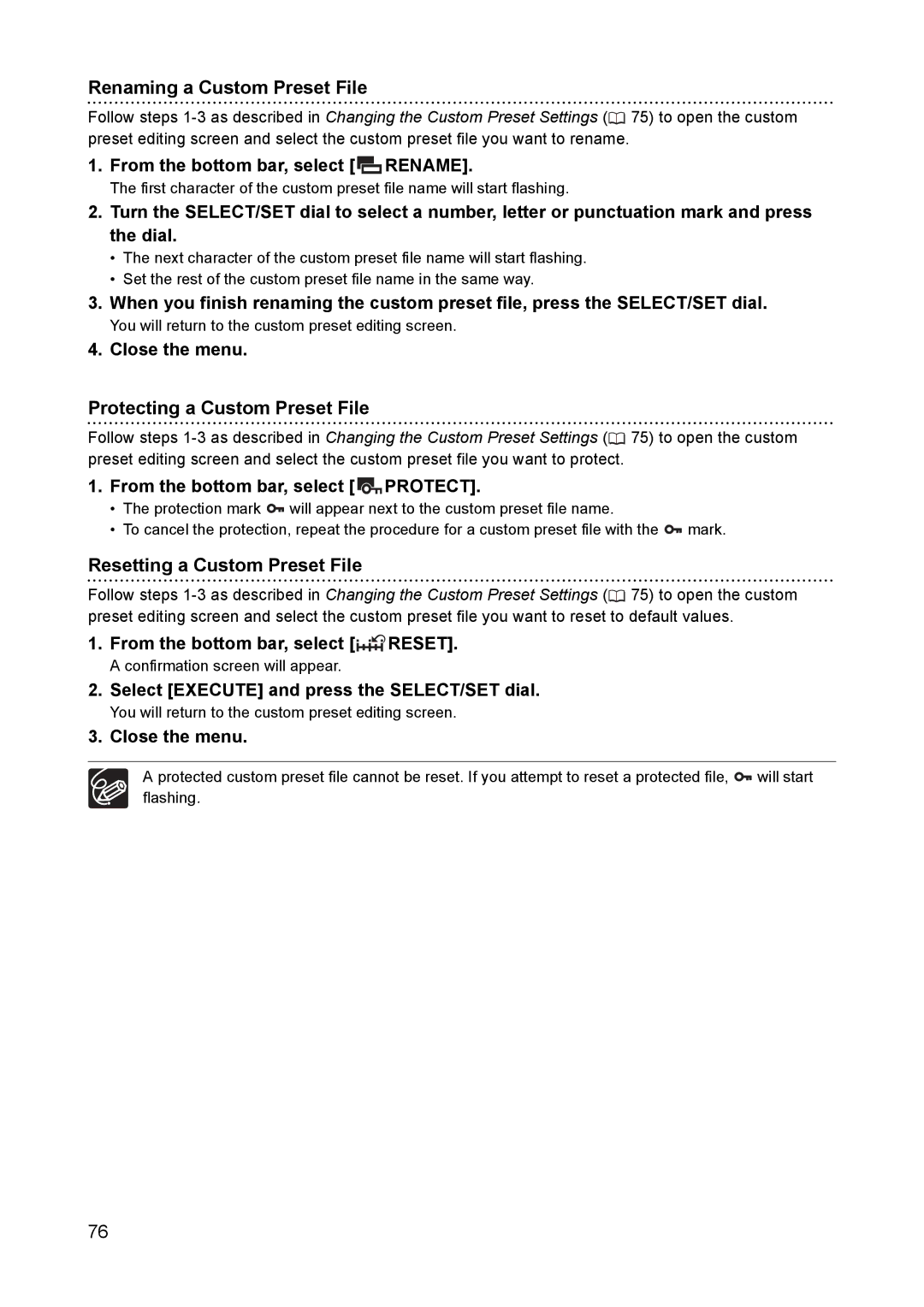 Canon XH A1 Renaming a Custom Preset File, Protecting a Custom Preset File, Resetting a Custom Preset File 