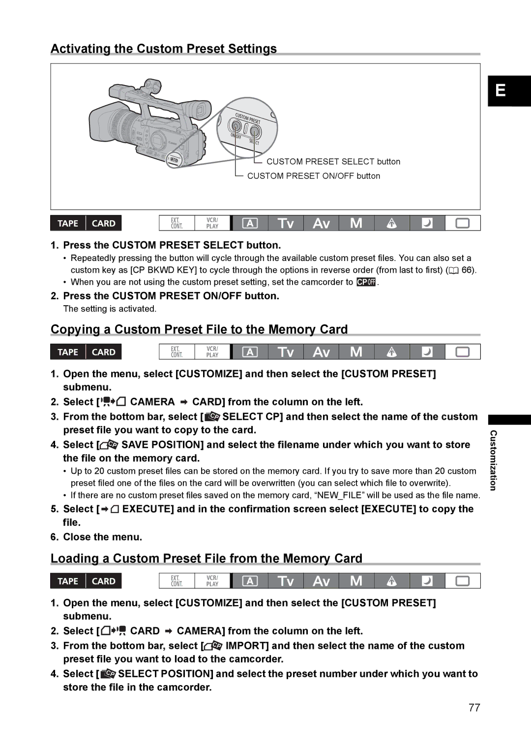 Canon XH A1 instruction manual Activating the Custom Preset Settings, Copying a Custom Preset File to the Memory Card 