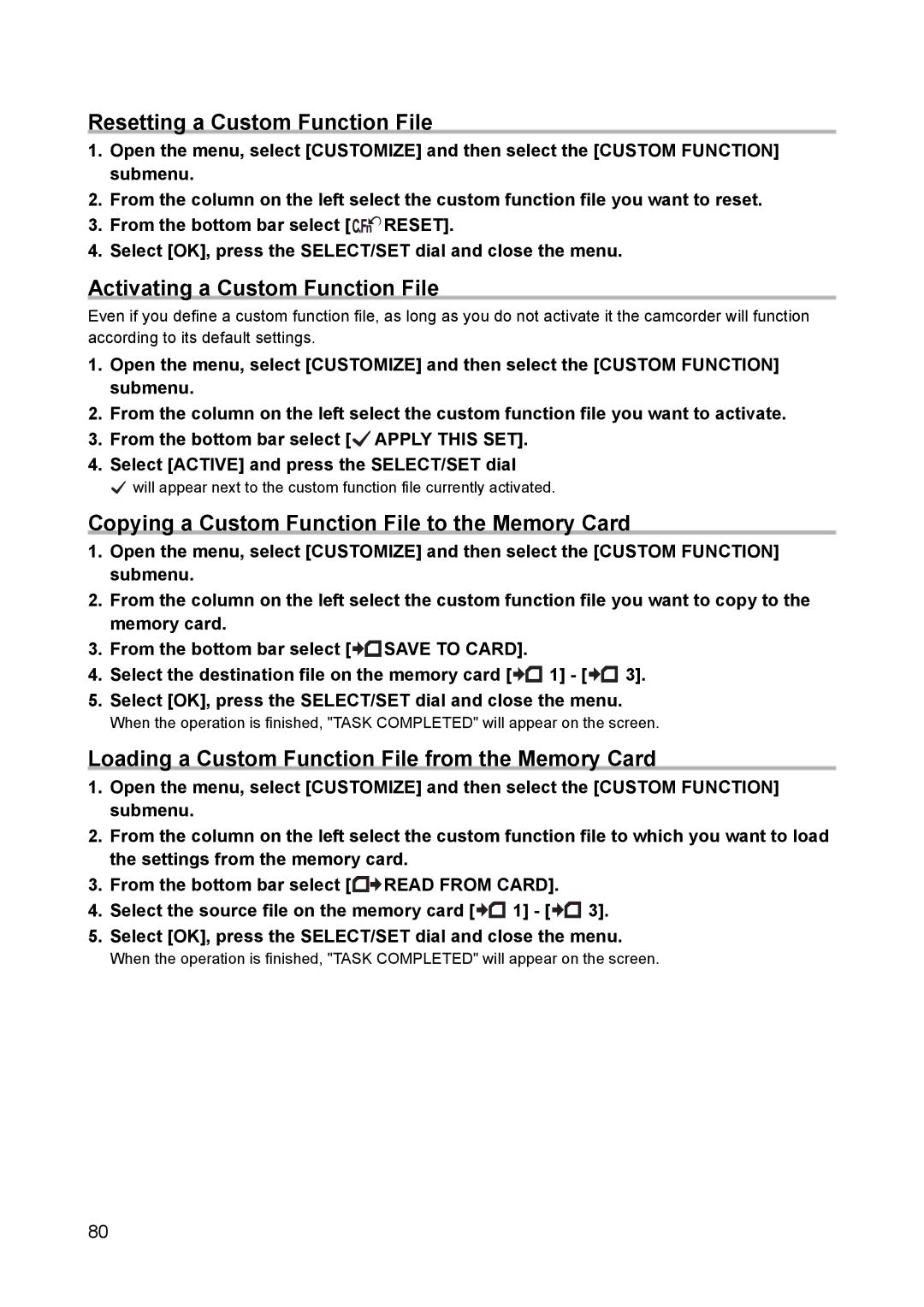 Canon XH A1 instruction manual Resetting a Custom Function File, Activating a Custom Function File 