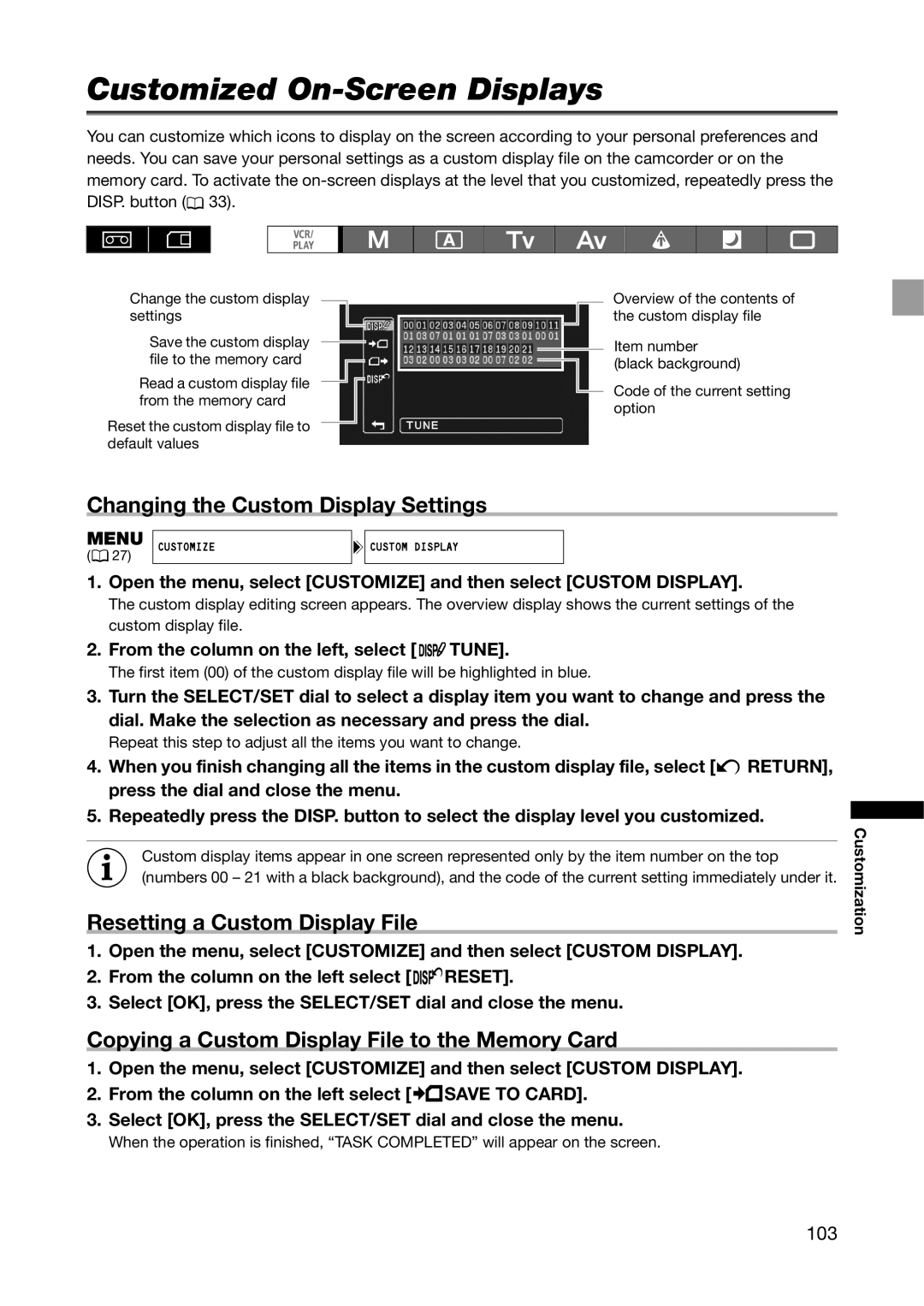 Canon XH G1S Customized On-Screen Displays, Changing the Custom Display Settings, Resetting a Custom Display File, 103 