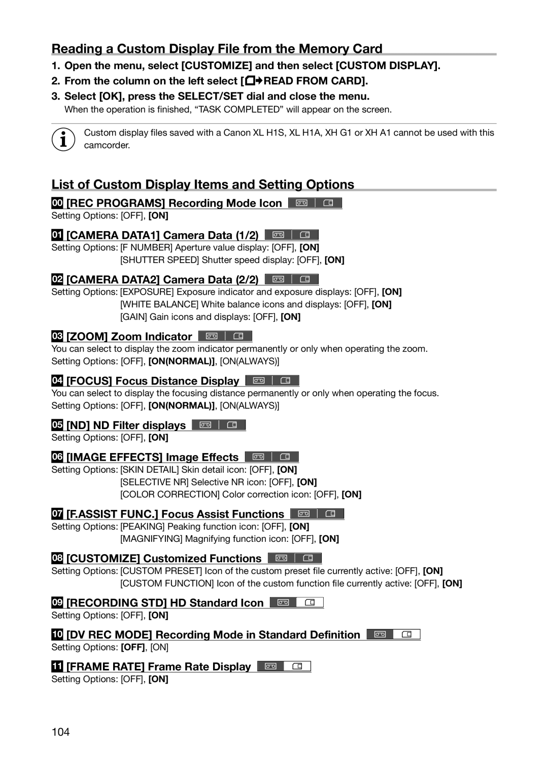 Canon XH A1S, XH G1S Reading a Custom Display File from the Memory Card, List of Custom Display Items and Setting Options 