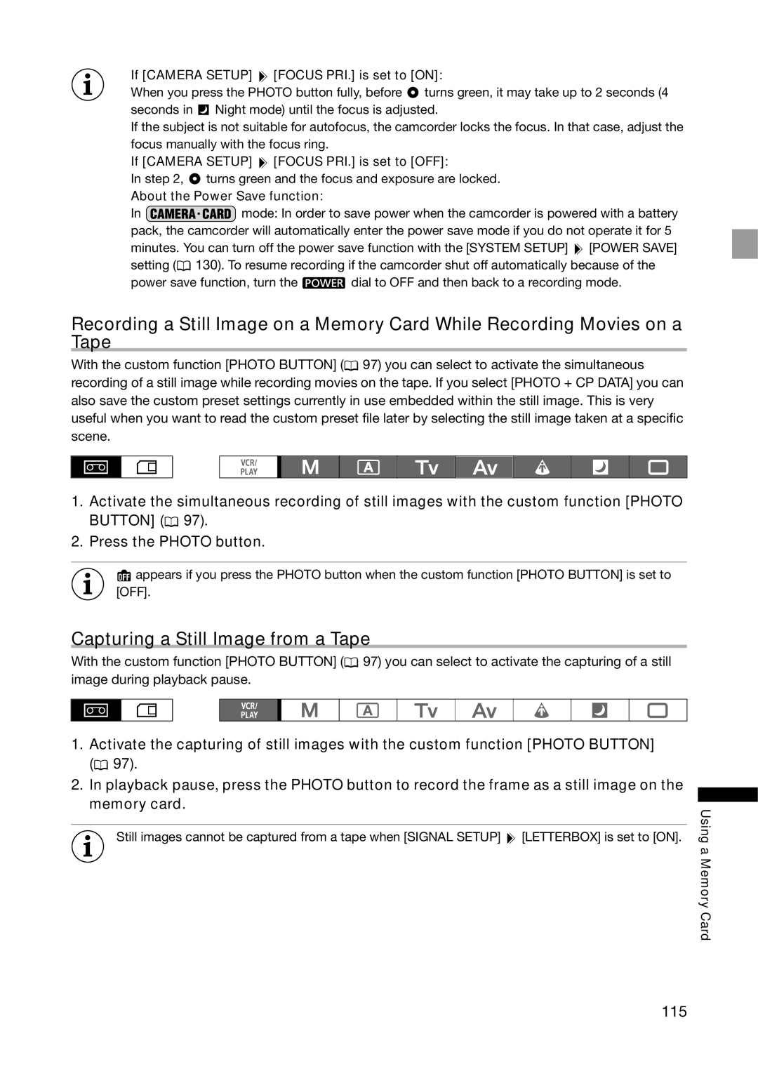 Canon XH G1S, XH A1S instruction manual Capturing a Still Image from a Tape, 115,  If Camera Setup Focus PRI. is set to on 