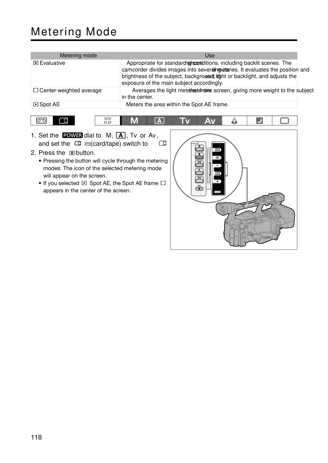 Canon XH A1S, XH G1S instruction manual Metering Mode, 118 