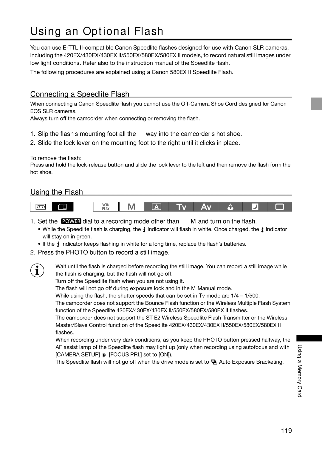 Canon XH G1S, XH A1S instruction manual Using an Optional Flash, Connecting a Speedlite Flash, Using the Flash, 119 