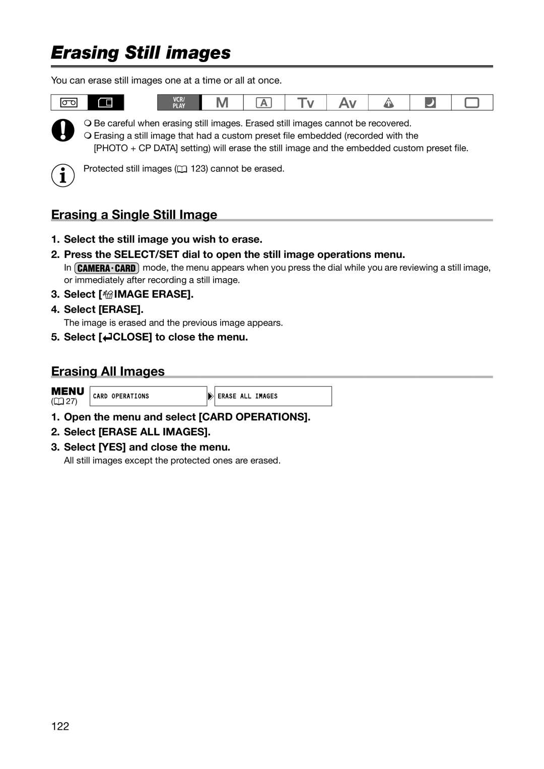 Canon XH A1S, XH G1S instruction manual Erasing Still images, Erasing a Single Still Image, Erasing All Images, 122 