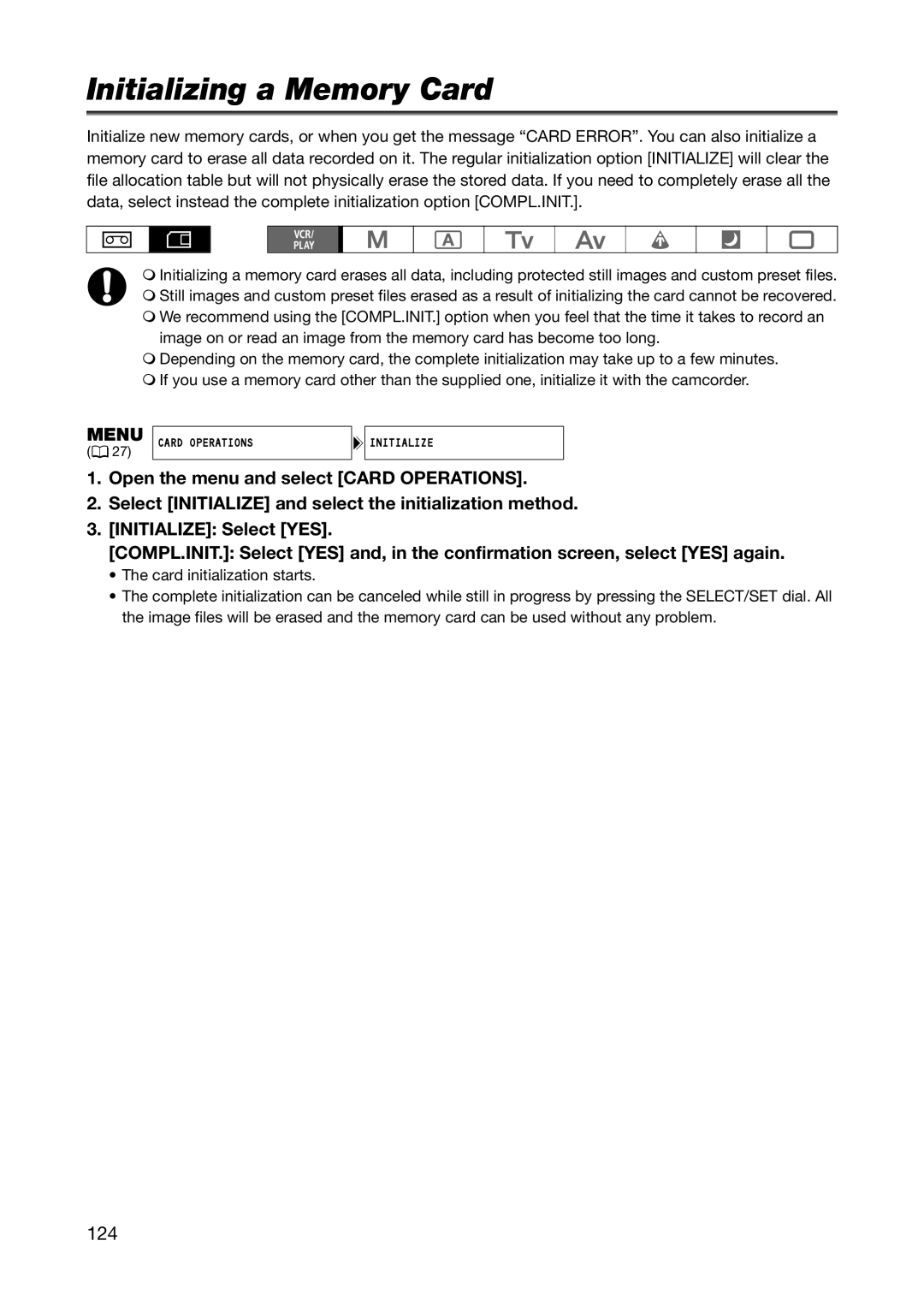 Canon XH A1S, XH G1S instruction manual Initializing a Memory Card, 124 