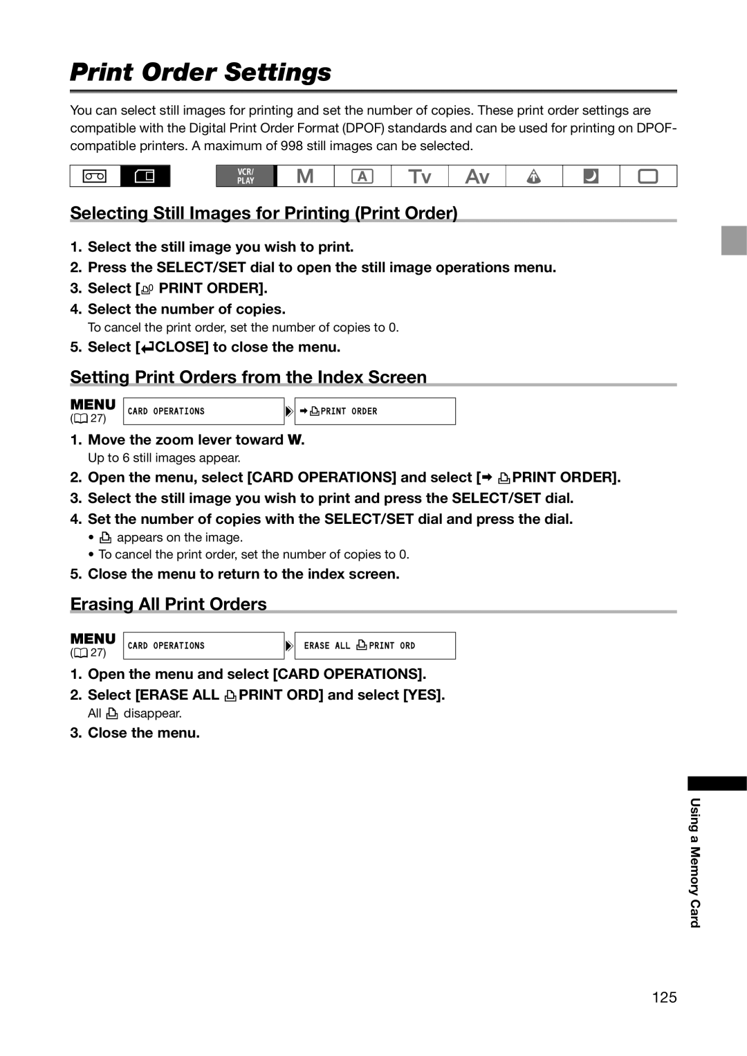 Canon XH G1S, XH A1S Print Order Settings, Selecting Still Images for Printing Print Order, Erasing All Print Orders, 125 