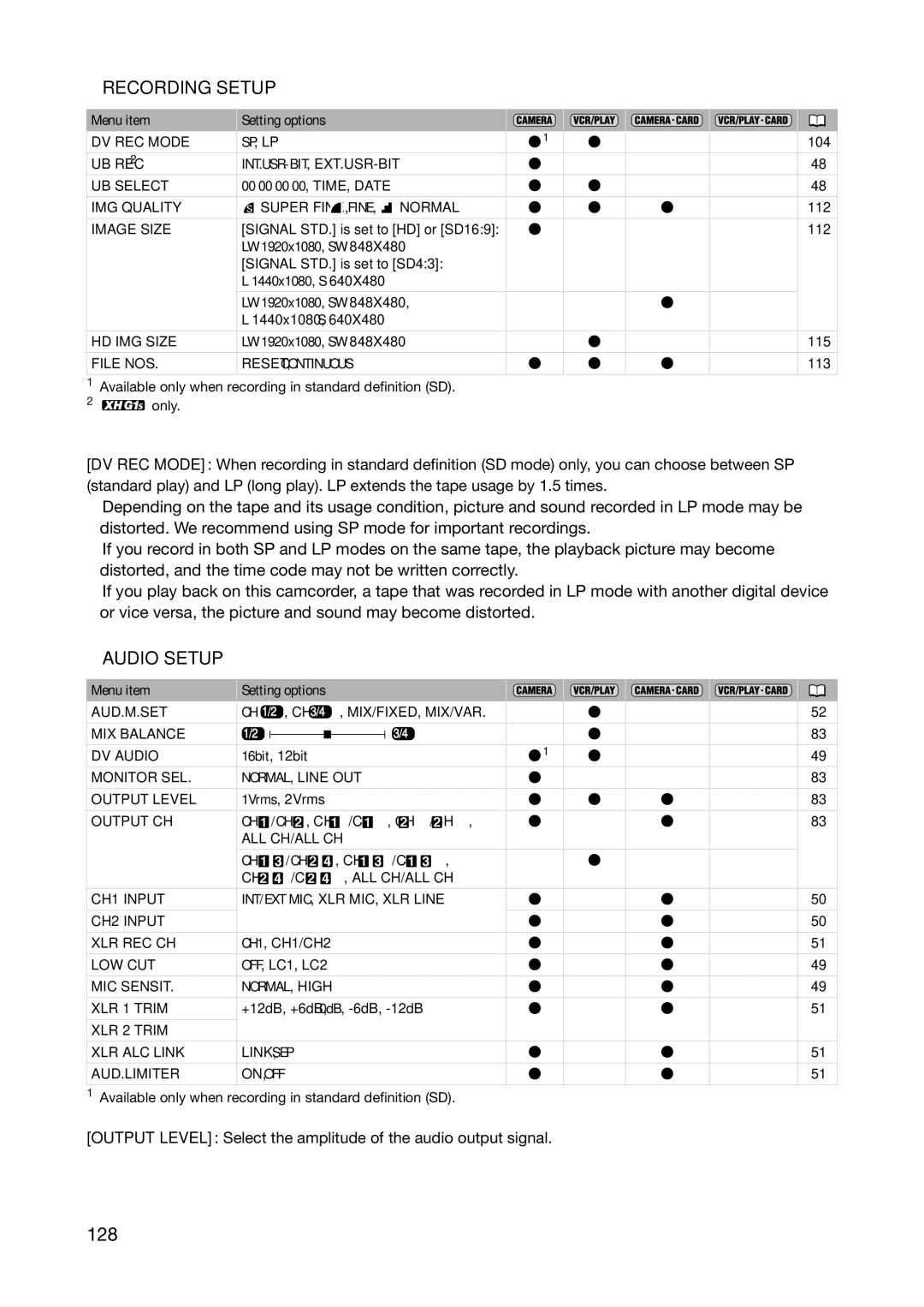 Canon XH A1S, XH G1S instruction manual 128, „ Recording Setup 