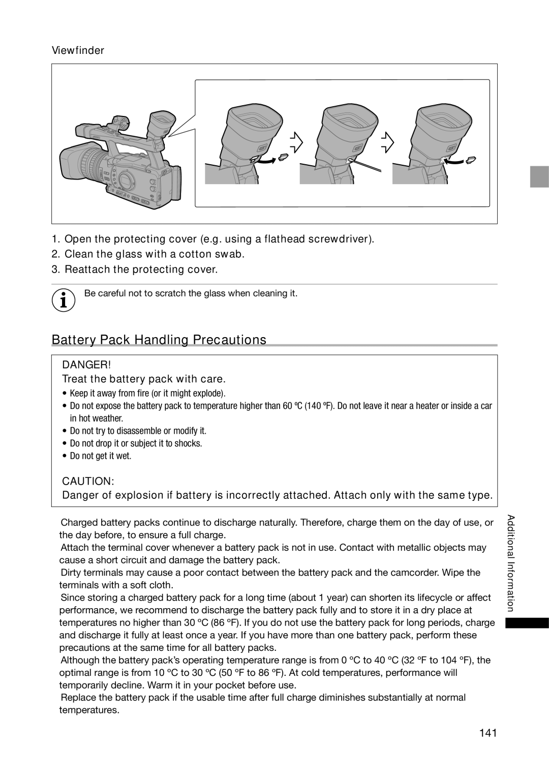 Canon XH G1S, XH A1S instruction manual Battery Pack Handling Precautions, 141, Treat the battery pack with care, Viewfinder 