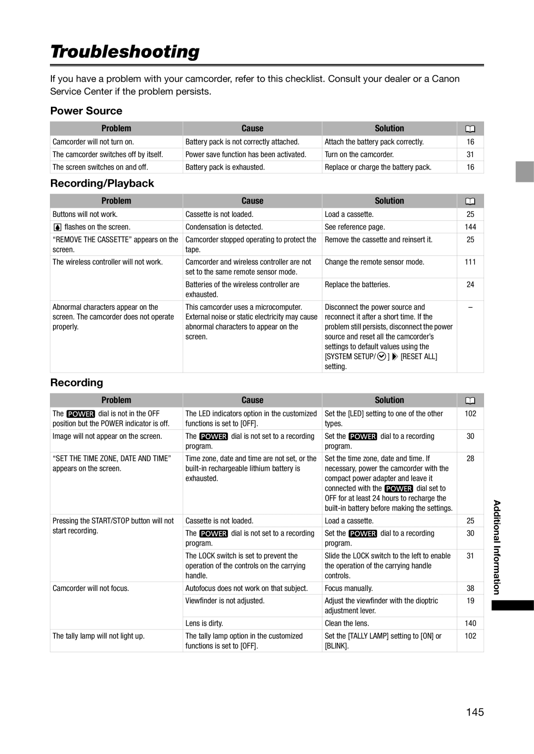 Canon XH G1S, XH A1S instruction manual Troubleshooting, Power Source, Recording/Playback, 145 