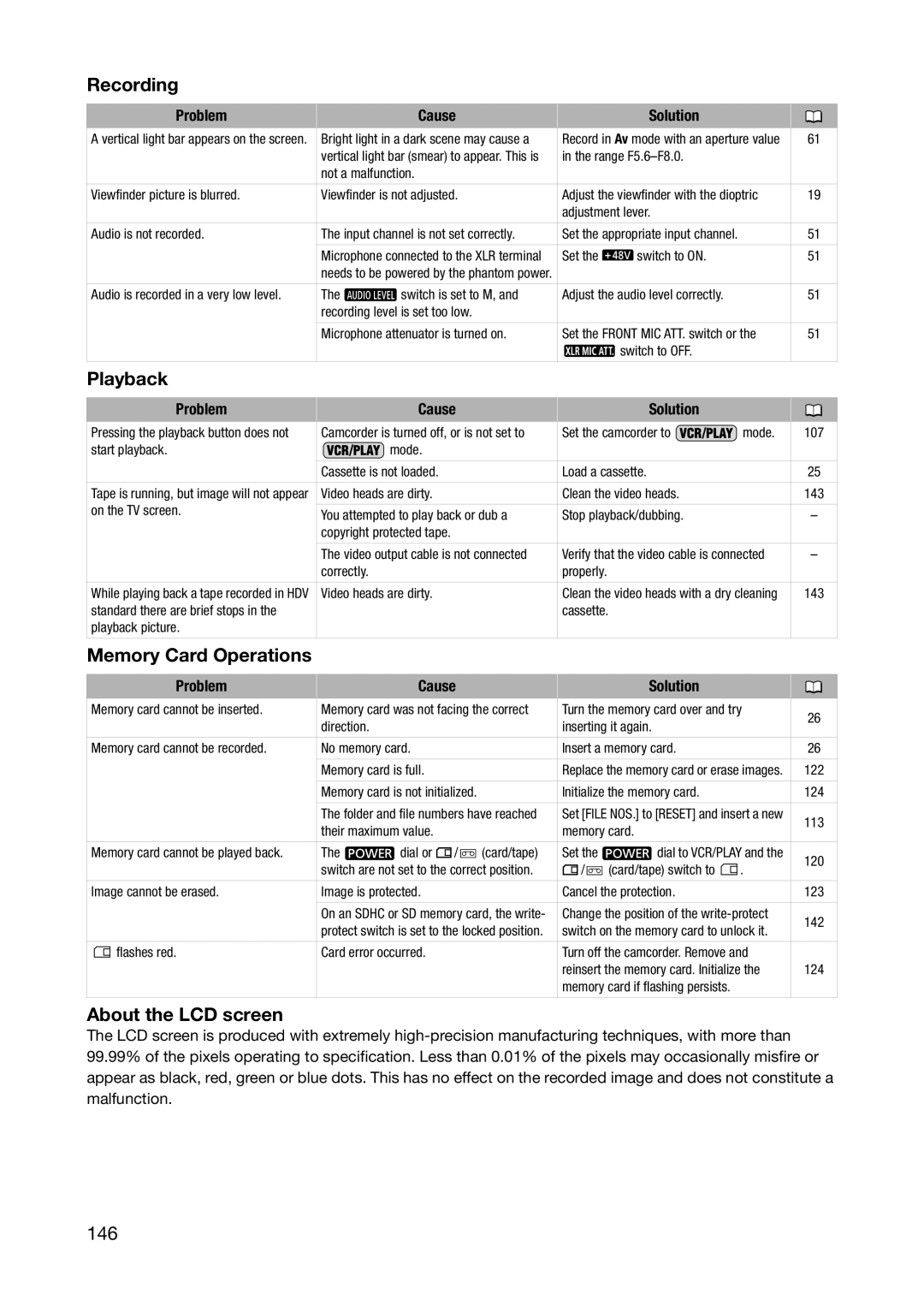 Canon XH A1S, XH G1S instruction manual Playback, Memory Card Operations, About the LCD screen, 146 