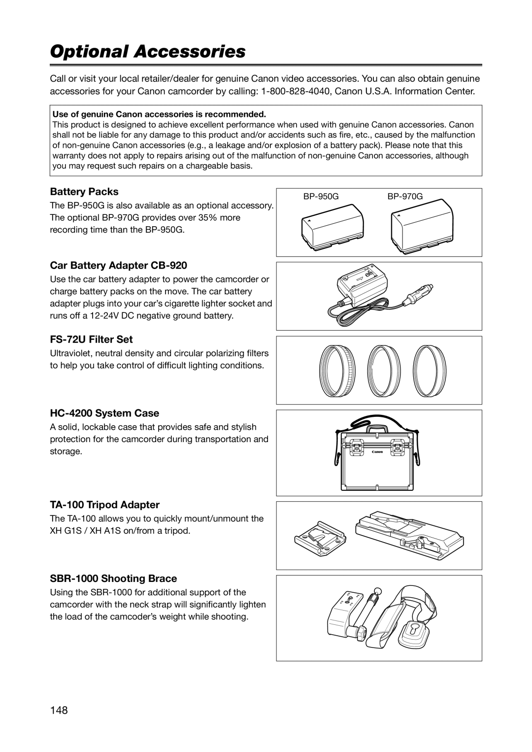 Canon XH A1S, XH G1S instruction manual Optional Accessories, 148 