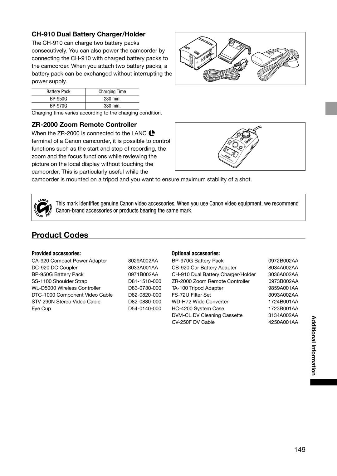 Canon XH G1S, XH A1S Product Codes, 149, CH-910 Dual Battery Charger/Holder, ZR-2000 Zoom Remote Controller 