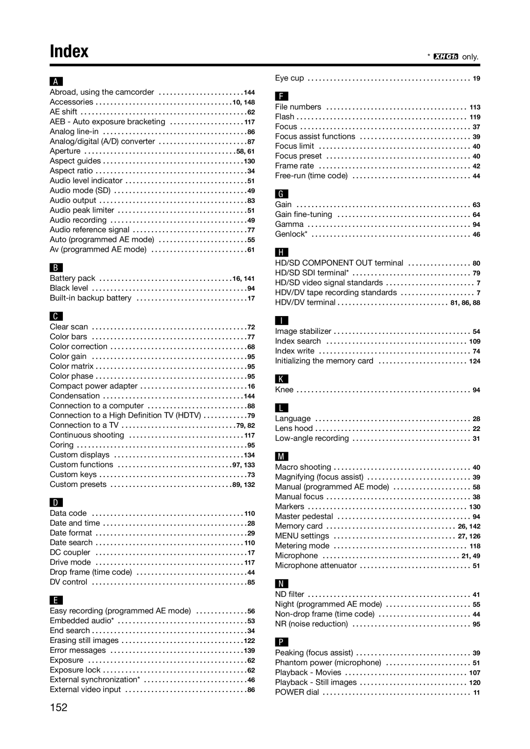 Canon XH A1S, XH G1S instruction manual Index, Eye cup 