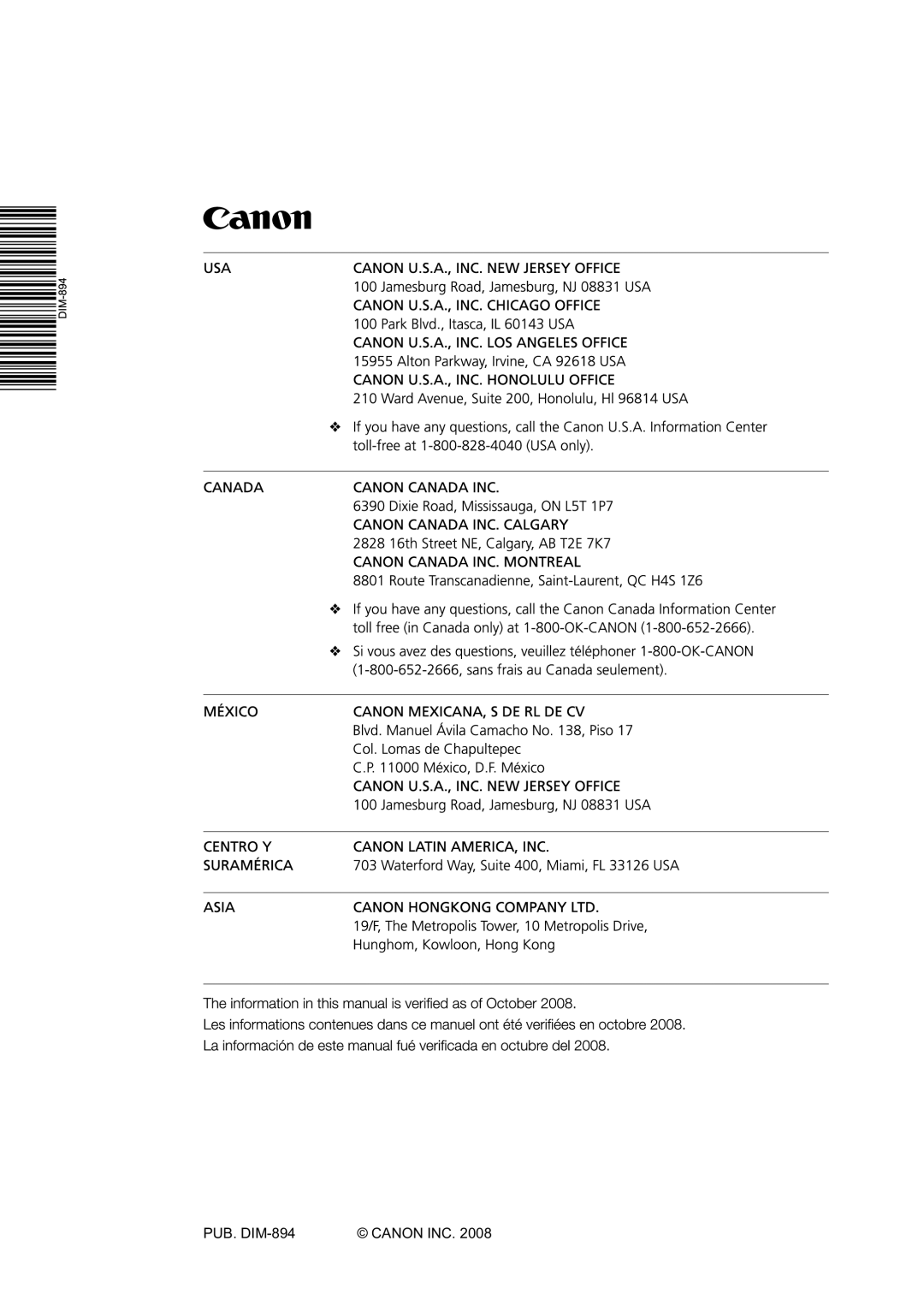 Canon XH G1S, XH A1S instruction manual PUB. DIM-894 Canon INC 