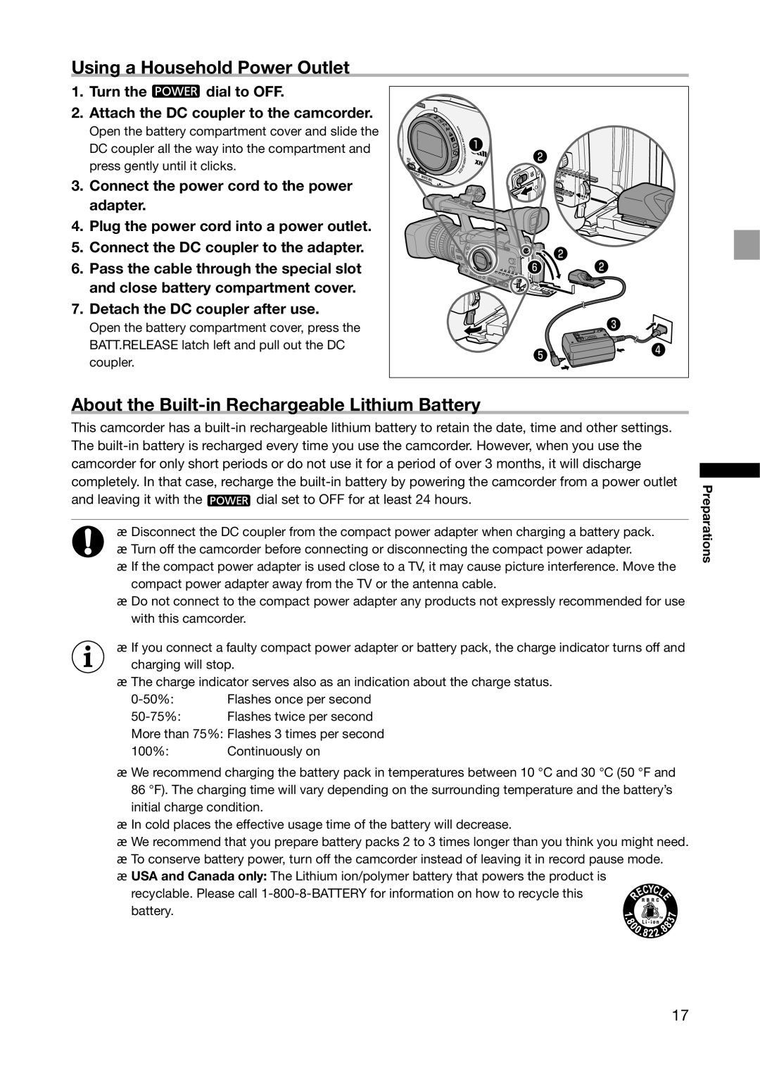 Canon XH G1S, XH A1S Using a Household Power Outlet, About the Built-in Rechargeable Lithium Battery, Preparations 