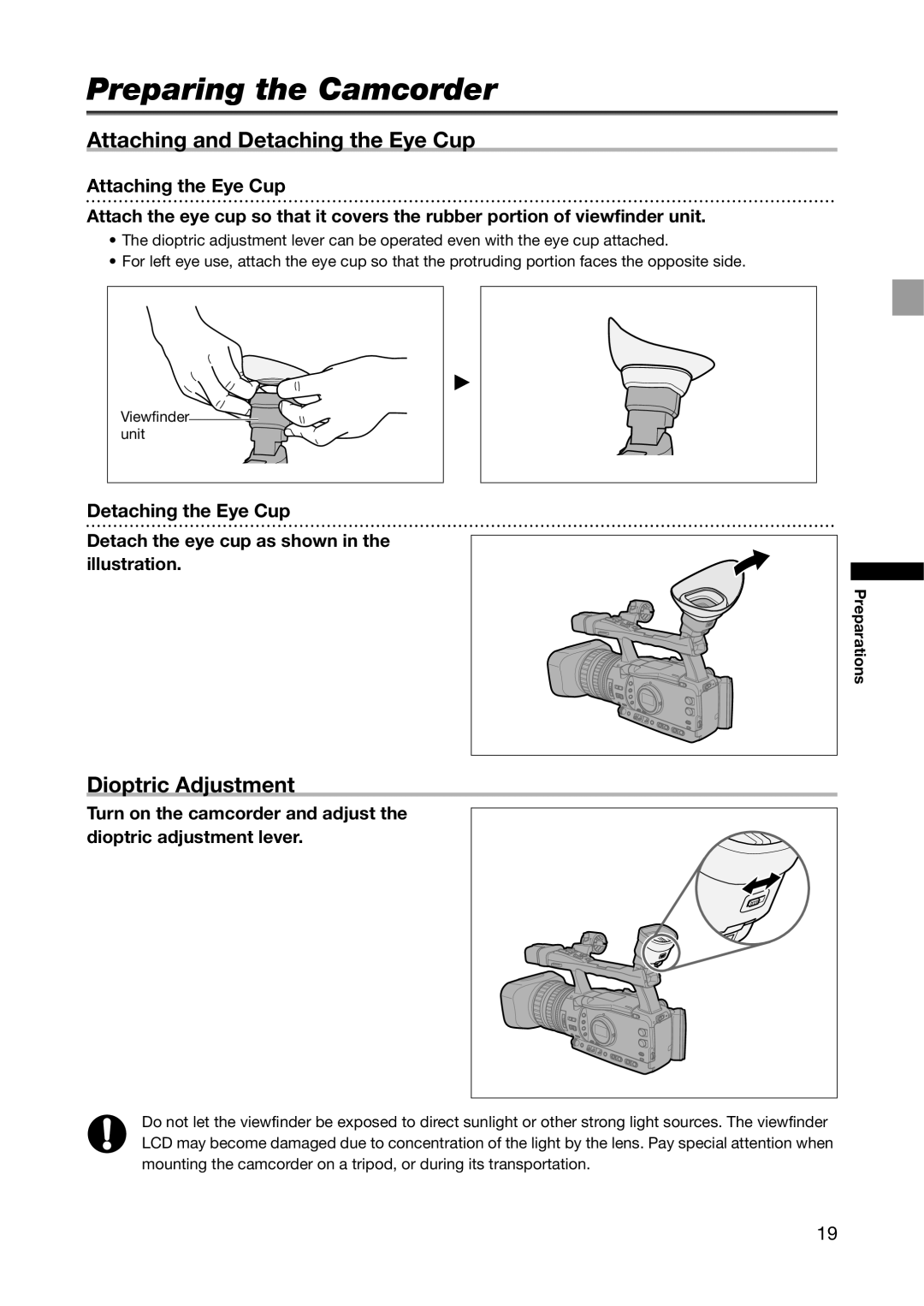 Canon XH G1S Preparing the Camcorder, Attaching and Detaching the Eye Cup, Dioptric Adjustment, Attaching the Eye Cup 