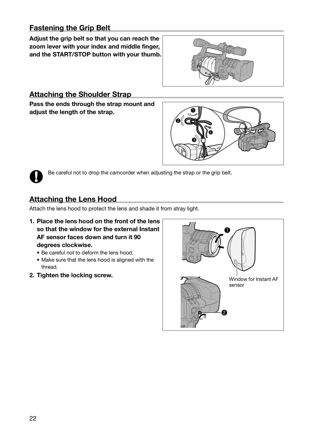 Canon XH A1S Fastening the Grip Belt, Attaching the Shoulder Strap, Attaching the Lens Hood, Tighten the locking screw 