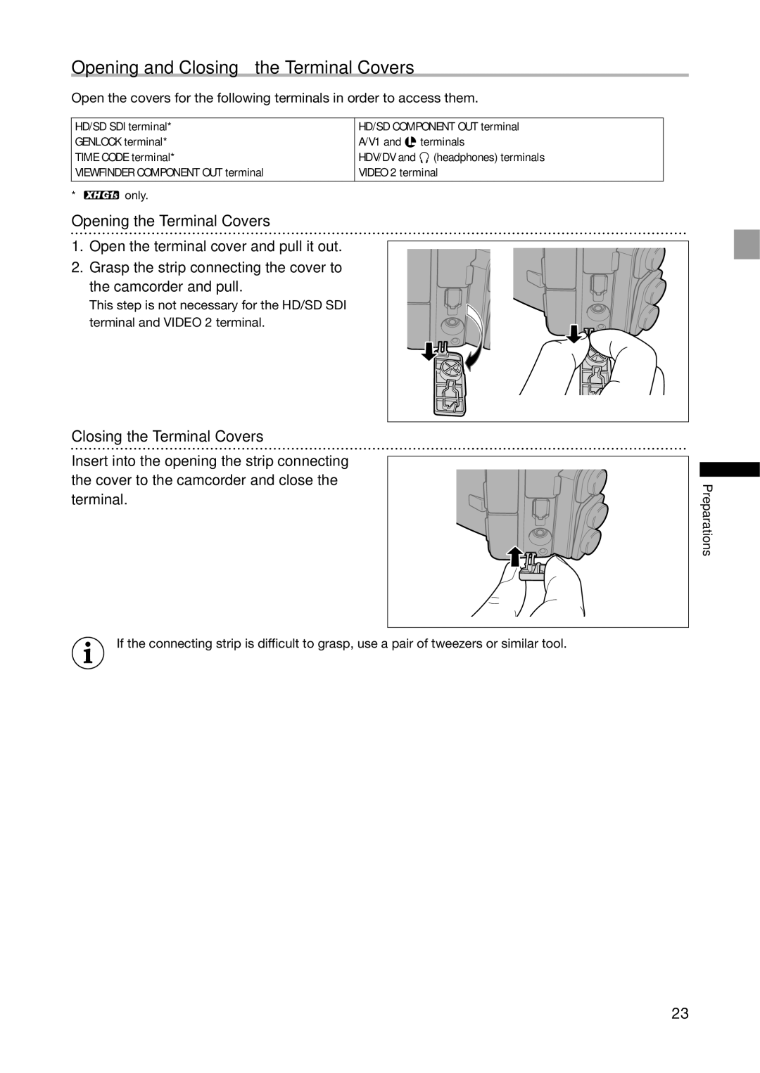 Canon XH G1S, XH A1S instruction manual Opening and Closing the Terminal Covers, Opening the Terminal Covers 