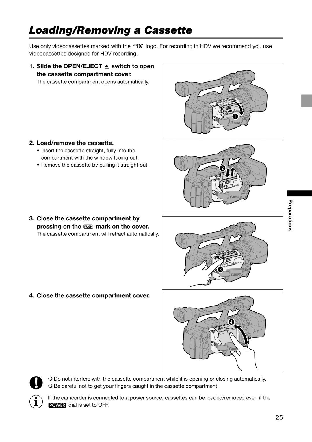 Canon XH G1S, XH A1S Loading/Removing a Cassette, Load/remove the cassette, Close the cassette compartment cover 