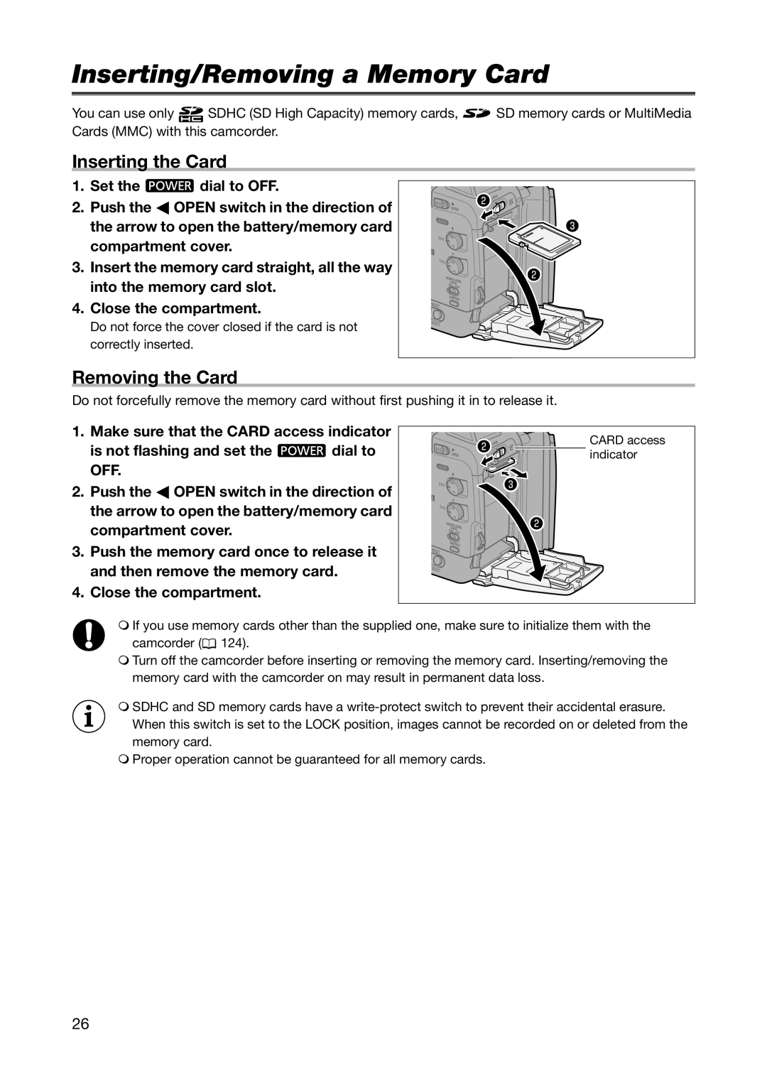 Canon XH A1S, XH G1S instruction manual Inserting/Removing a Memory Card, Inserting the Card, Removing the Card 